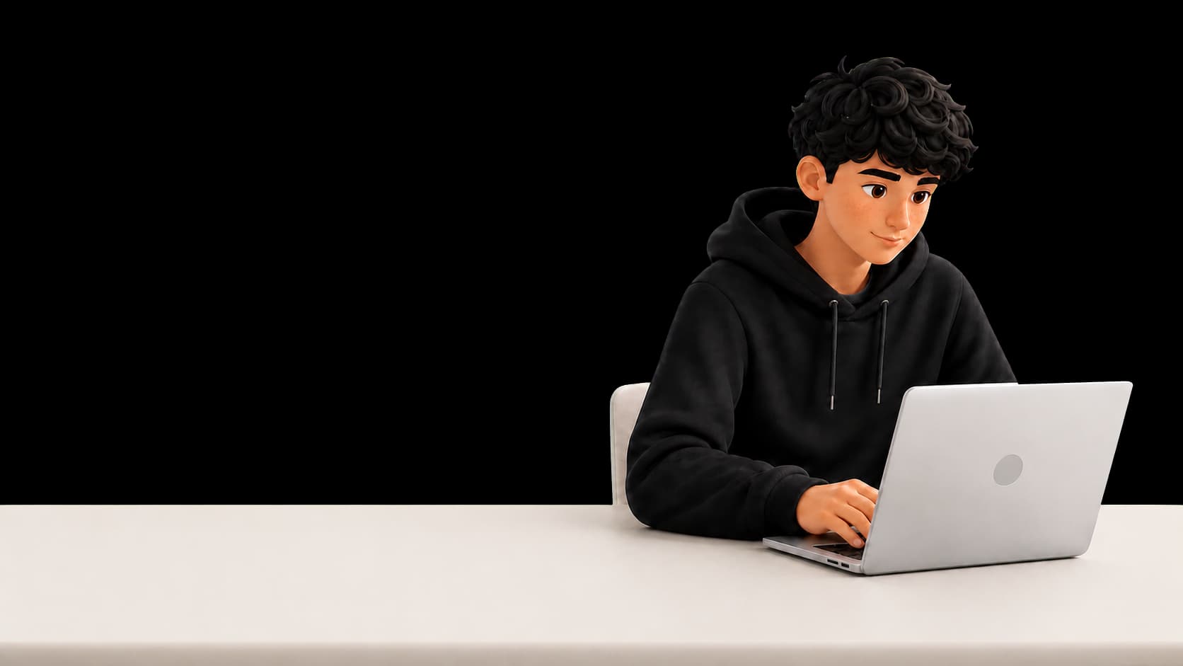 Aluno numa explicação online, a trabalhar ao computador numa secretária.